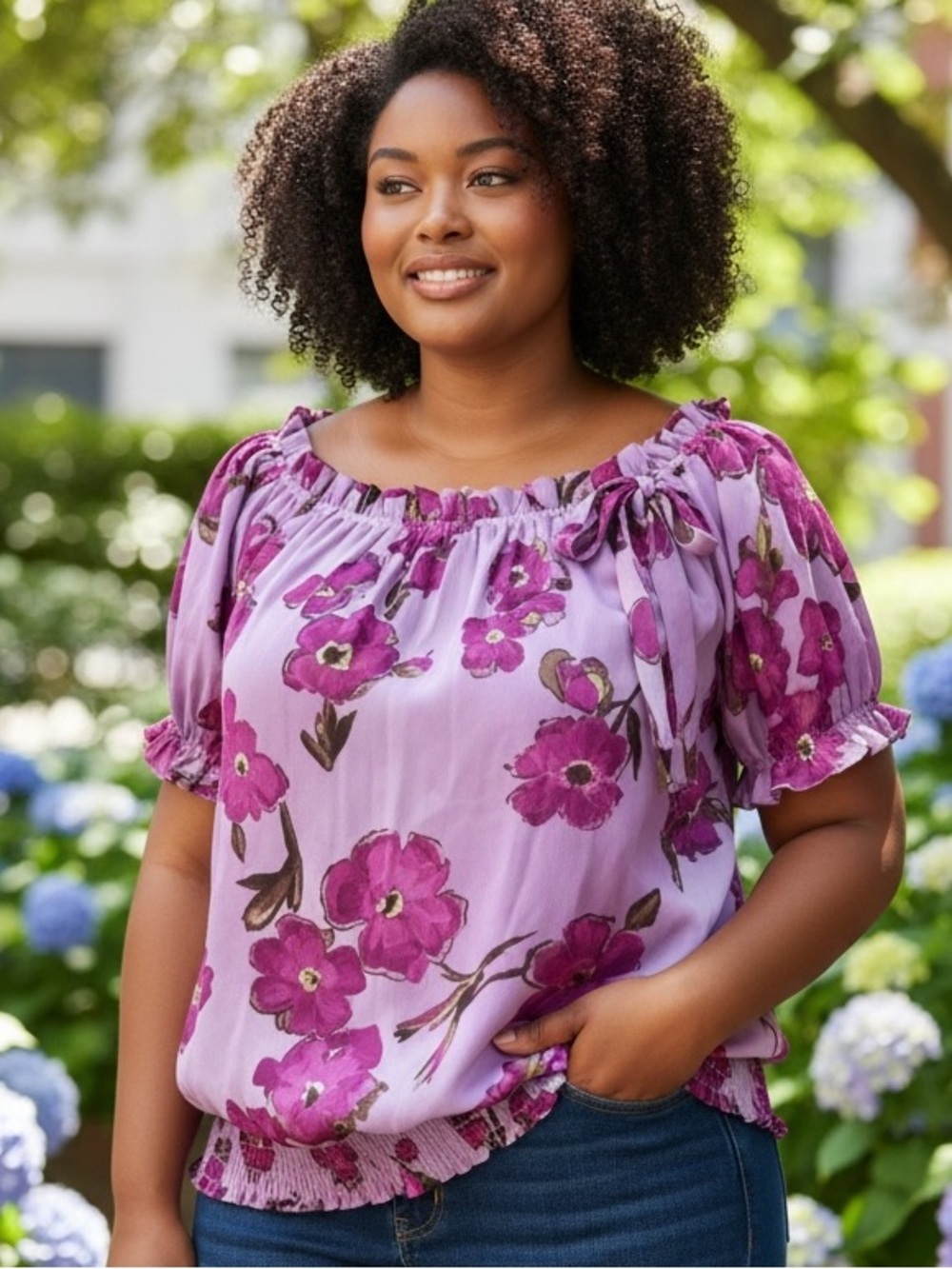 APT 9 PURPLE FLORAL PUFF SLEEVE BOW DETAIL BOHO RUFFLE PEASANT BLOUSE SIZE XL